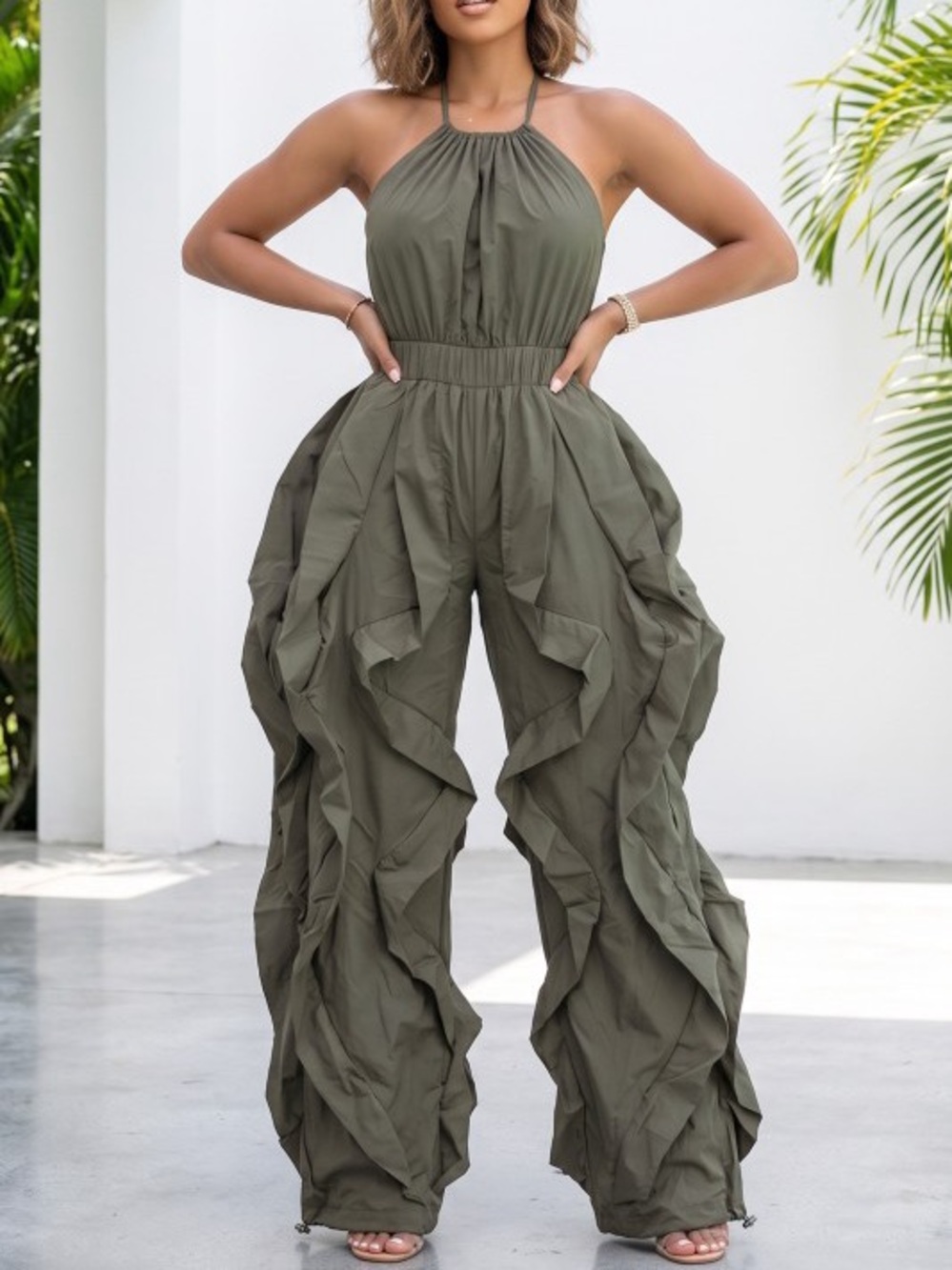 Olive Ruffle Wide-Leg Halter Jumpsuit